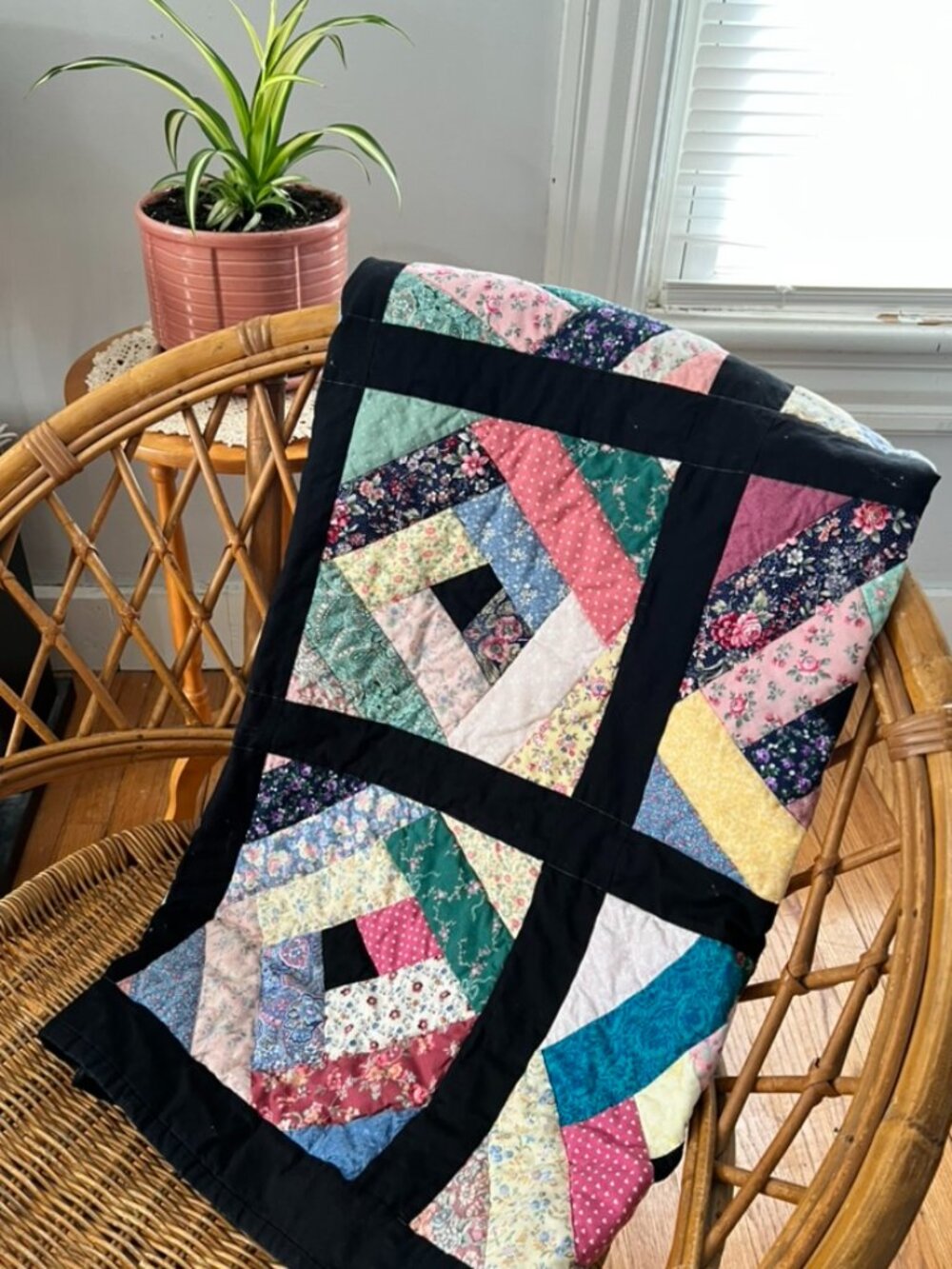 Handmade Log Cabin Quilt Throw Floral Patchwork Cottagecore 57x46
